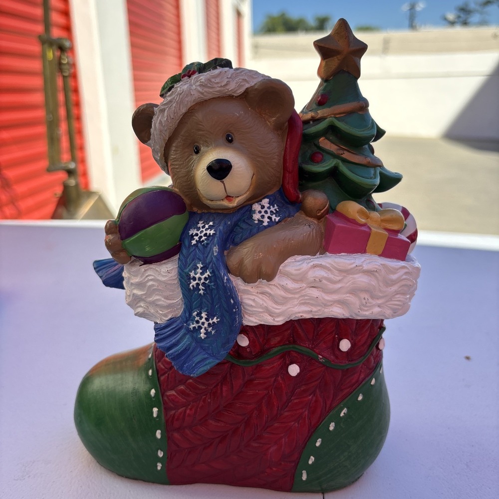 Christmas Bear In Stocking With Christmas Tree And Scarf